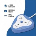 2 Way Power Strip with 2 USB 1.5 Meter Long (White, Blue)  One Extension Board - Image 2